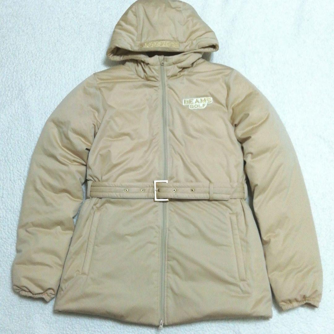 極美品ビームスゴルフ ベルト付属フーデッドダウン(M)Wジップ ベージュ色