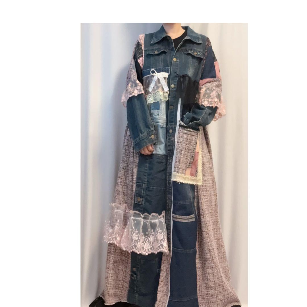①デニム×ツイード.レースロングコート/ロングワンピース