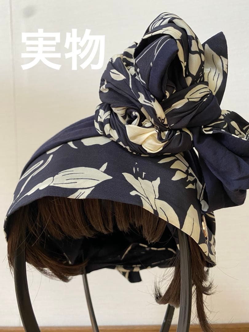 BARENスカーフハット /ボタニカルネイビー/前髪ウィッグ付き