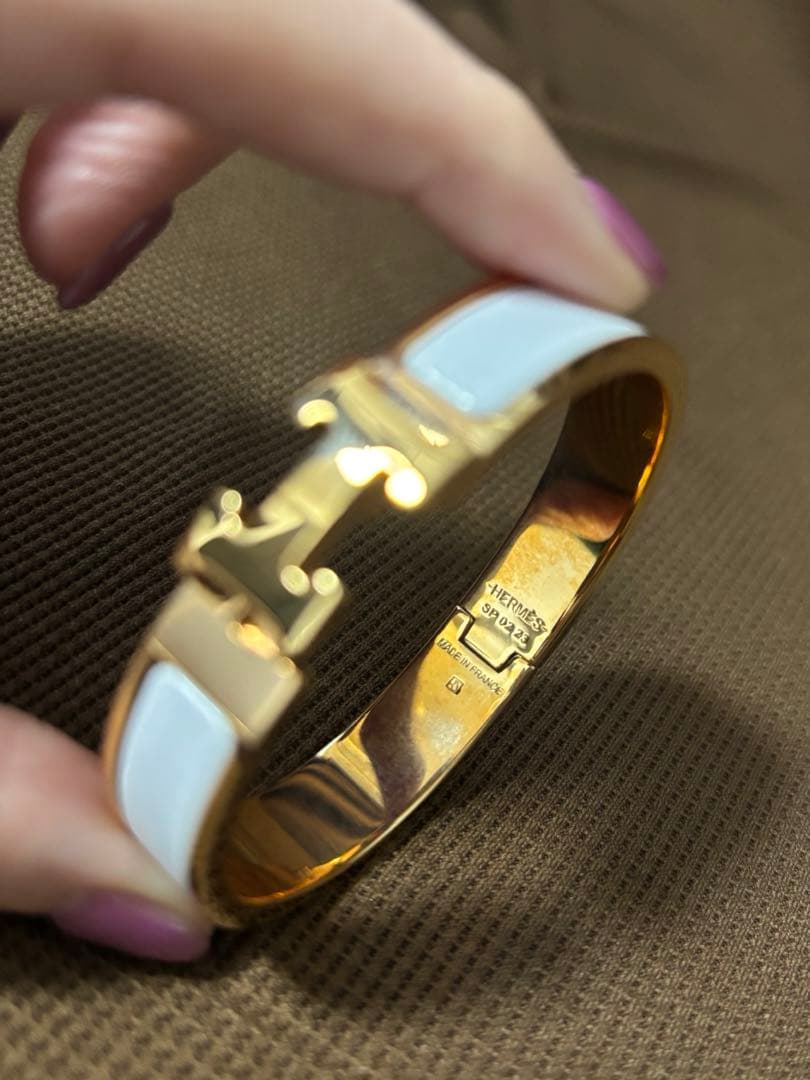 【エルメス◆新品同様】エナメルブレスレット クリックH 白×金　PM