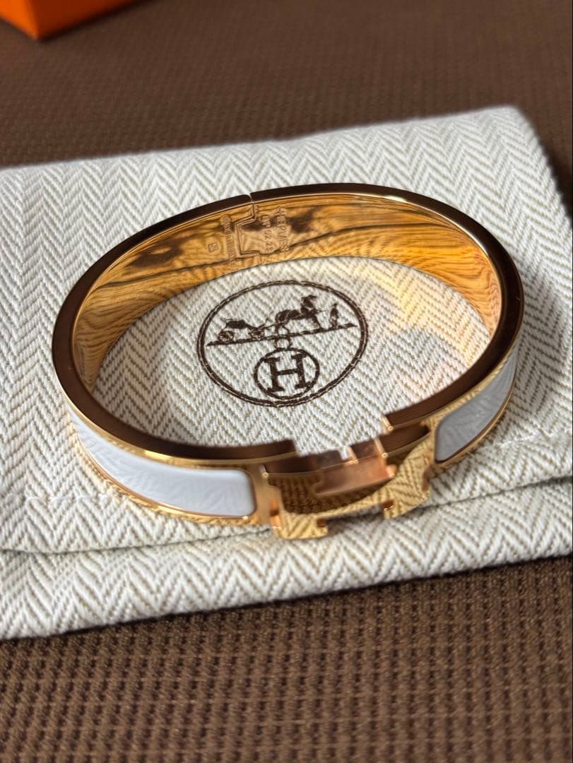 【エルメス◆新品同様】エナメルブレスレット クリックH 白×金　PM