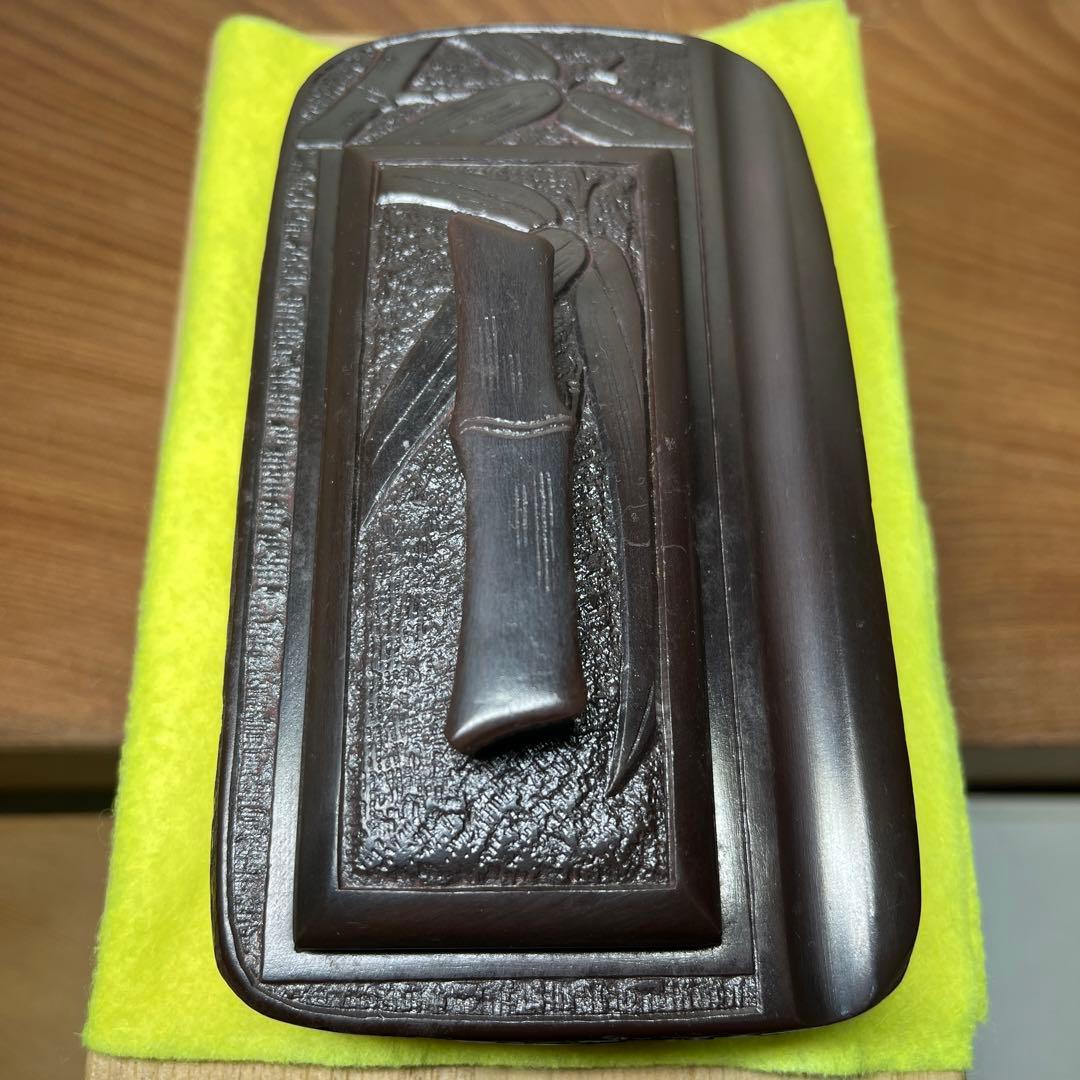 ⭕️赤間硯　新品美品　縄田宝泉　石蓋付き彫刻入硯　縄田製硯所　墨持ち良し