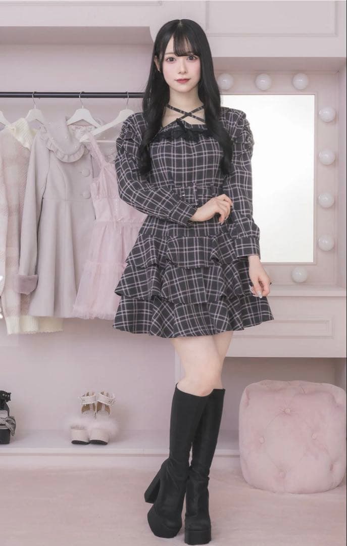 pium ティアードフリル長袖ミニワンピース