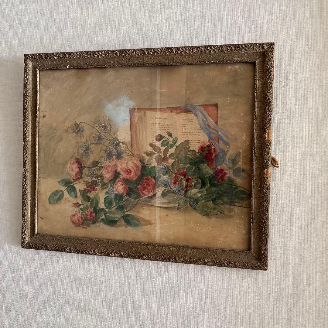 フランスアンティーク 水彩画 薔薇