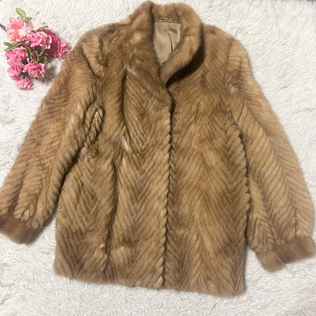【SALE】高級ミンクファーコート　ベージュ　ヘリンボーン　ファーコート　17号