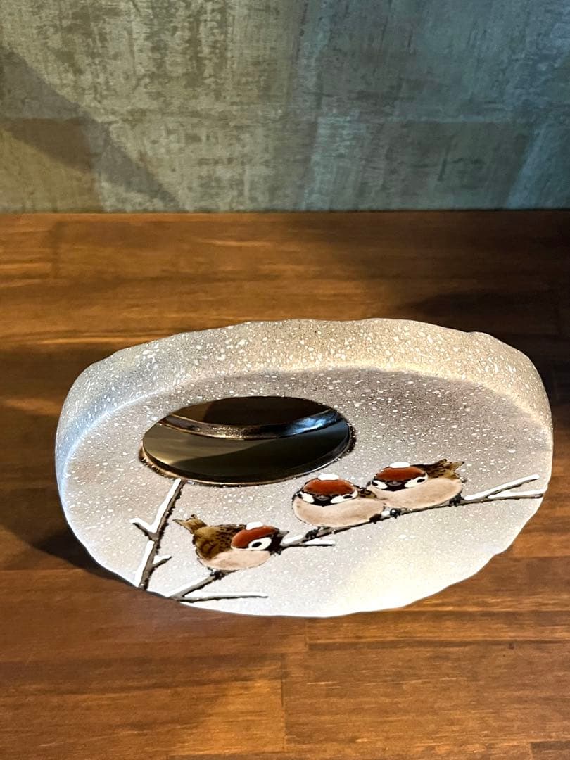 扁壶 雪三雀図 中村陶志人