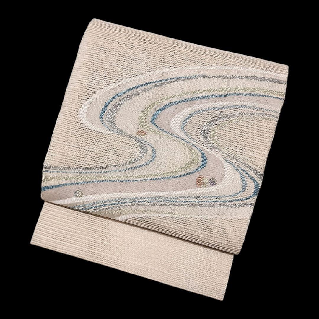 【夏名古屋帯】絽 白地 流水模様 水玉　八寸　正絹　カジュアル　すくい織り