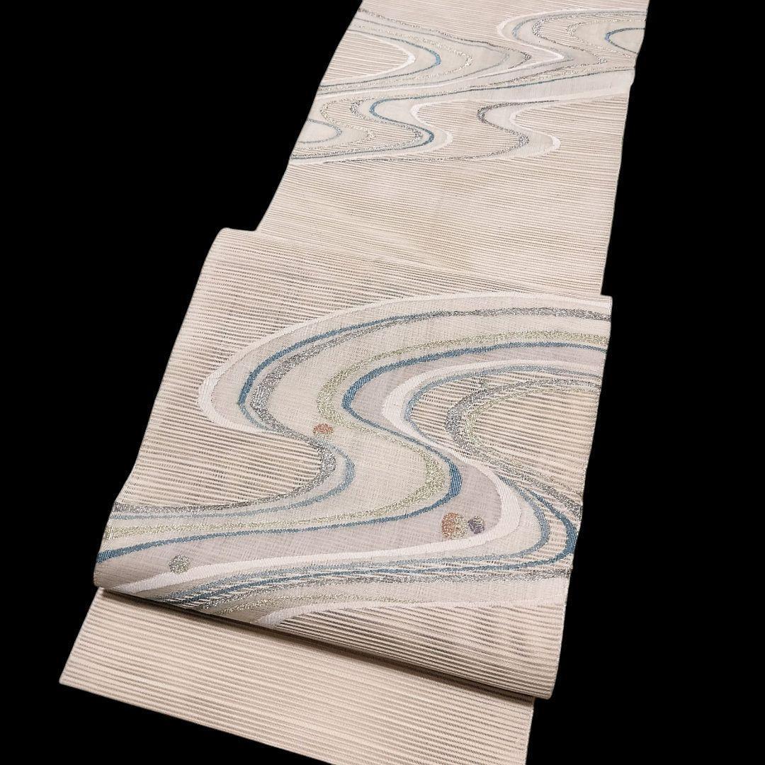 【夏名古屋帯】絽 白地 流水模様 水玉　八寸　正絹　カジュアル　すくい織り