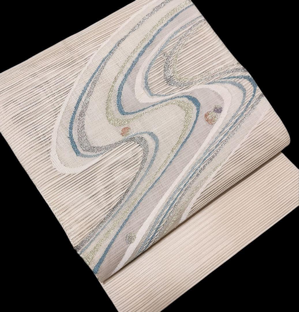 【夏名古屋帯】絽 白地 流水模様 水玉　八寸　正絹　カジュアル　すくい織り