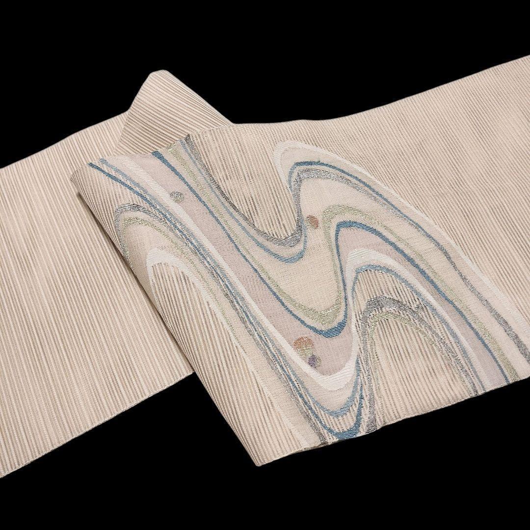 【夏名古屋帯】絽 白地 流水模様 水玉　八寸　正絹　カジュアル　すくい織り