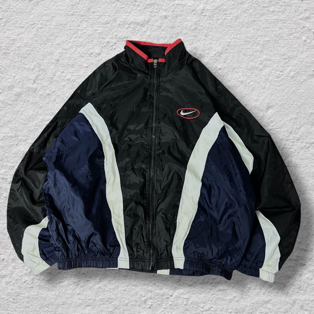 nikeナイキナイロンジャケット90sビッグロゴvintage古着ブラック刺繍L