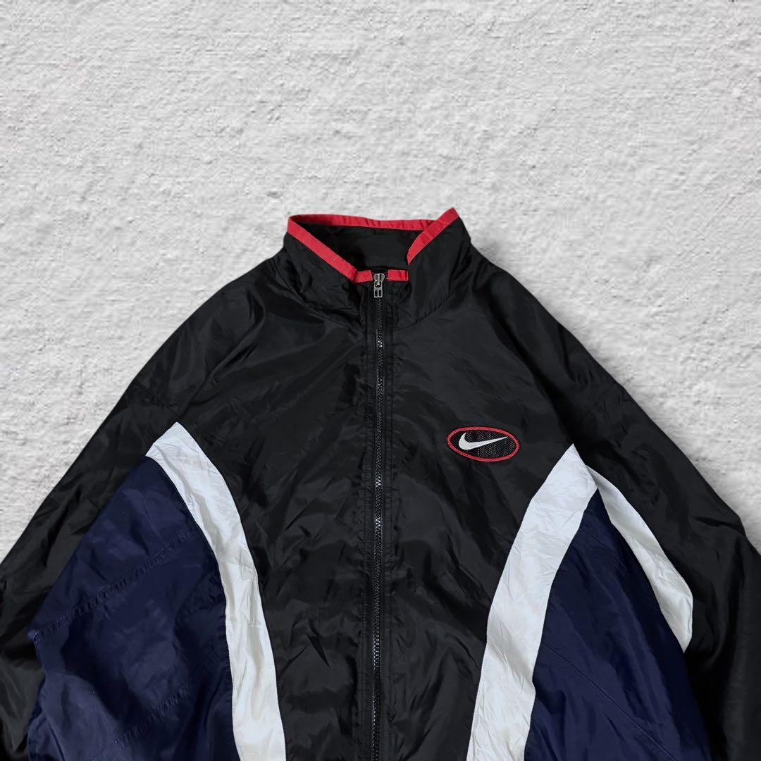 nikeナイキナイロンジャケット90sビッグロゴvintage古着ブラック刺繍L