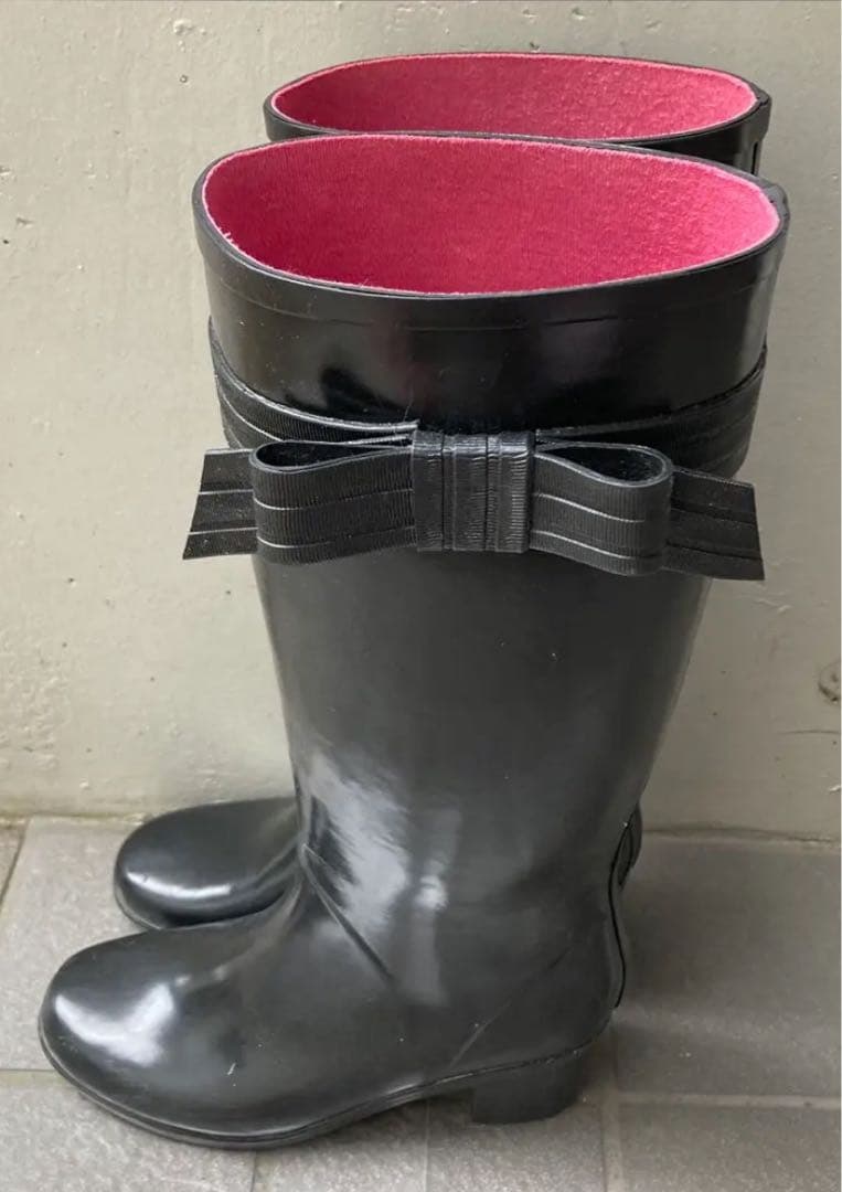 ★kate spade★ケイトスペード リボン ブラック レインブーツ 長靴 黒