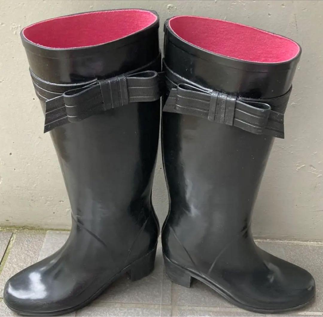 ★kate spade★ケイトスペード リボン ブラック レインブーツ 長靴 黒