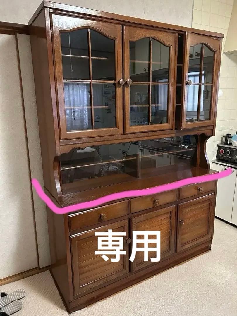 木製ブラウン食器棚 ガラス扉付き　水屋　上段部分だけ　引き取り可能