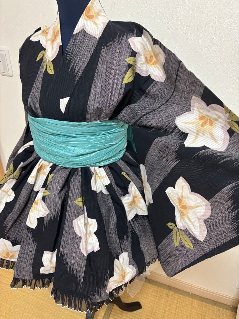 創作】オリジナル浴衣 ミニ丈 浴衣ドレス兵児帯セット