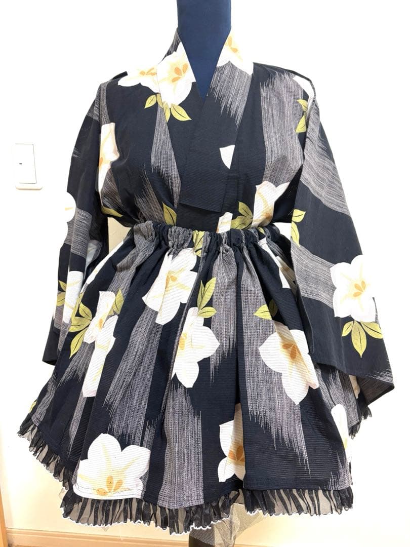 創作】オリジナル浴衣 ミニ丈 浴衣ドレス兵児帯セット