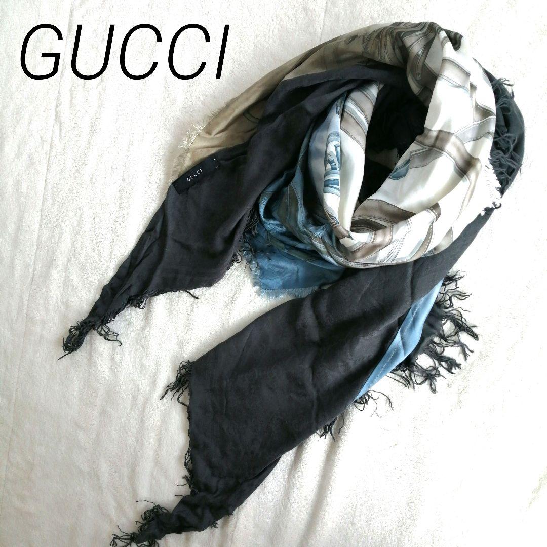 美品 GUCCI グッチ ストール スカーフ カレ ロゴ シルク グレー