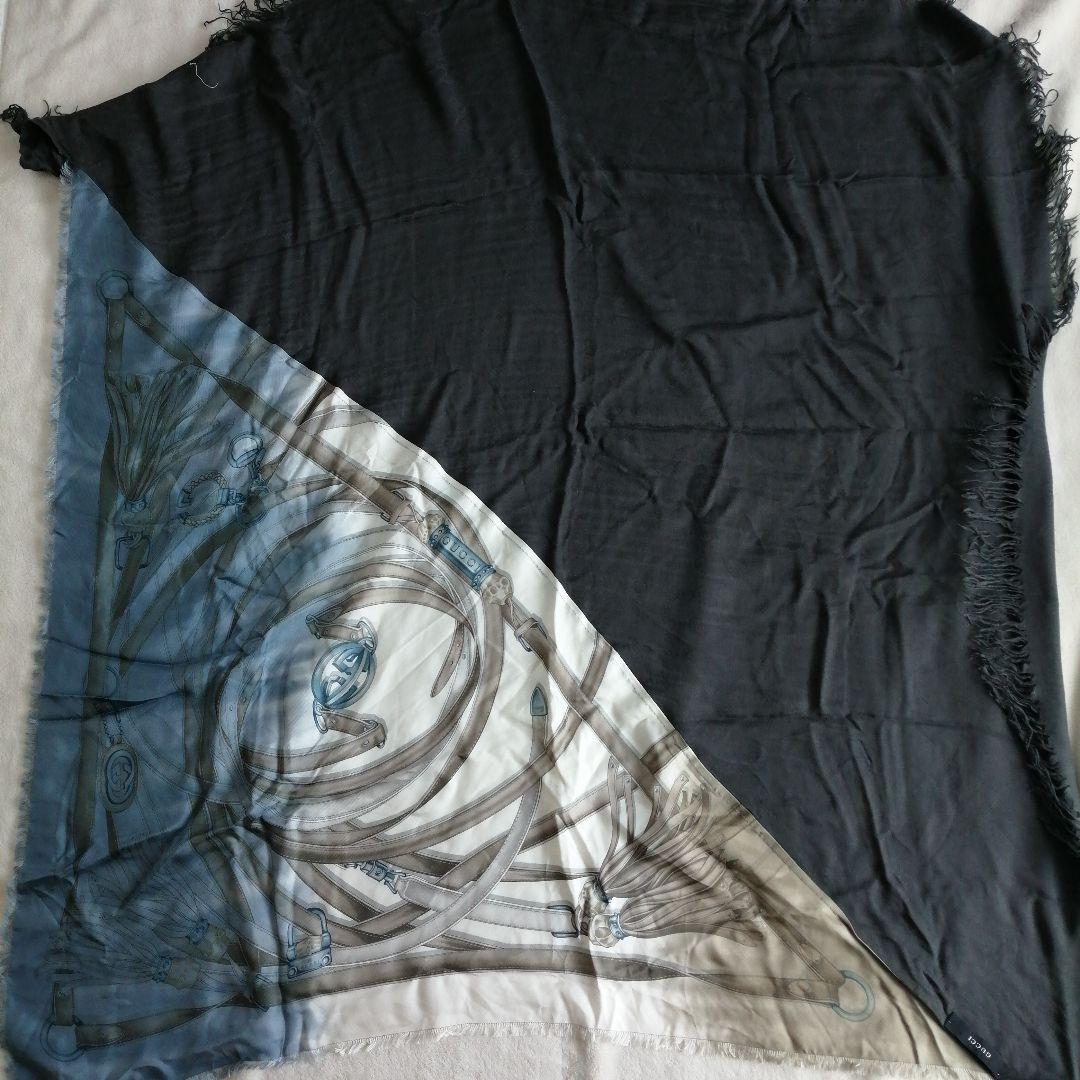 美品 GUCCI グッチ ストール スカーフ カレ ロゴ シルク グレー