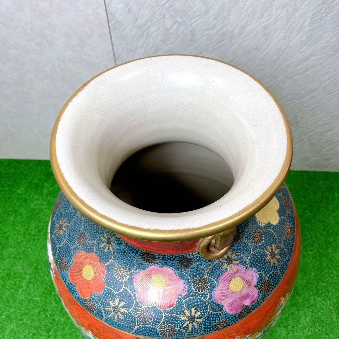 高級！骨董品　薩摩焼　大瓶　金蘭手染錦花絵図　金錦　耳付　壺 花瓶