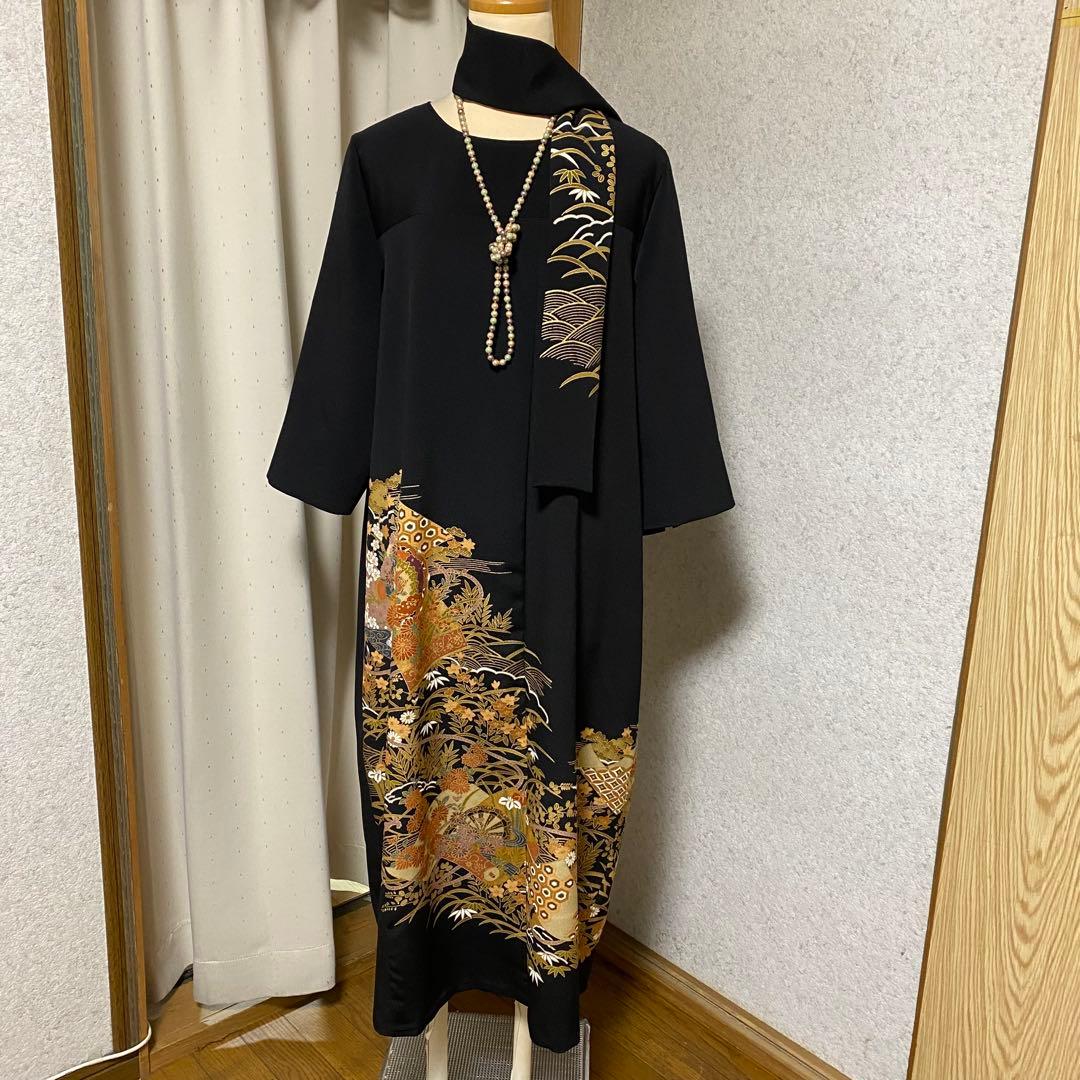 《LL 119cm》黒留袖リメイク ヨーク切り替え 七分袖 シンプルワンピース