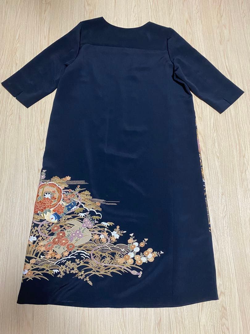 《LL 119cm》黒留袖リメイク ヨーク切り替え 七分袖 シンプルワンピース