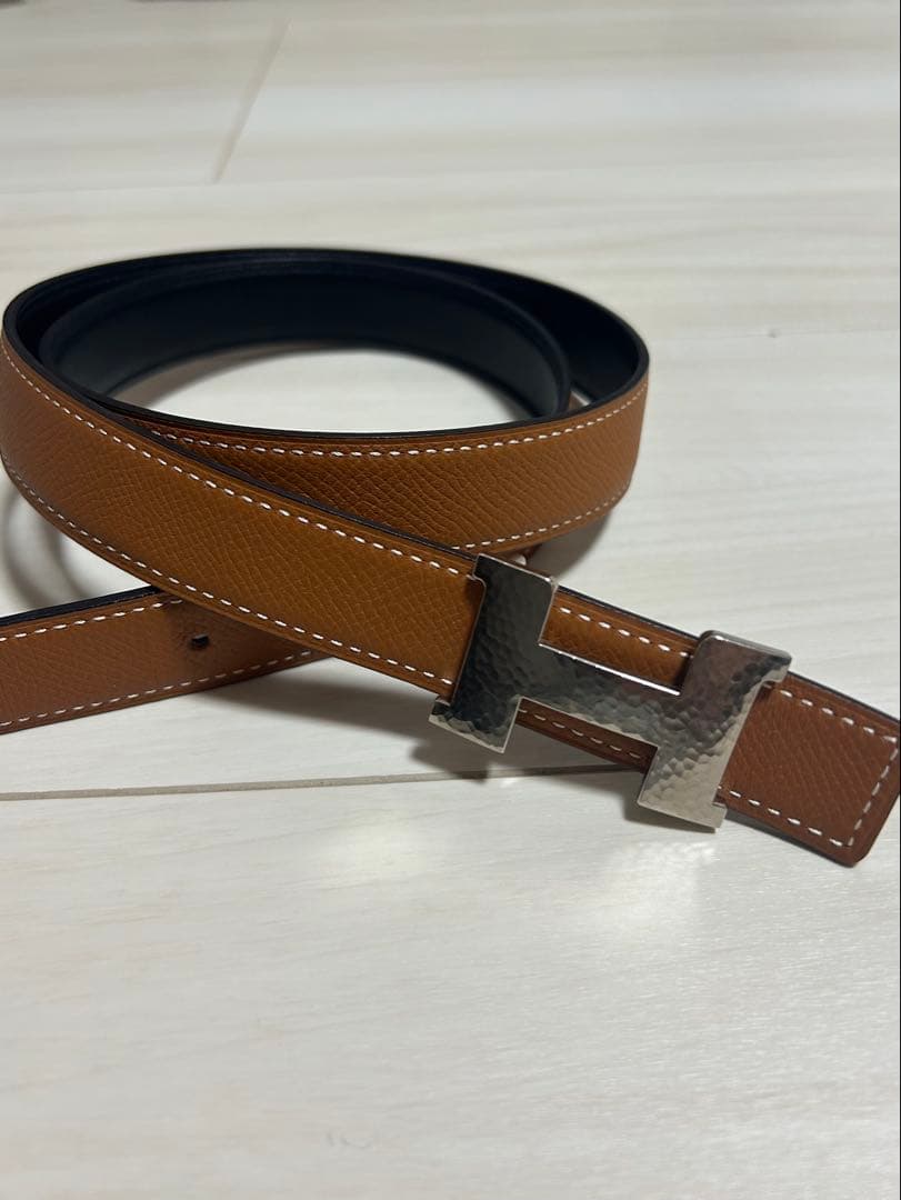 H型バックル レザーベルト 黒 茶色　エルメス　HERMES リバーシブル