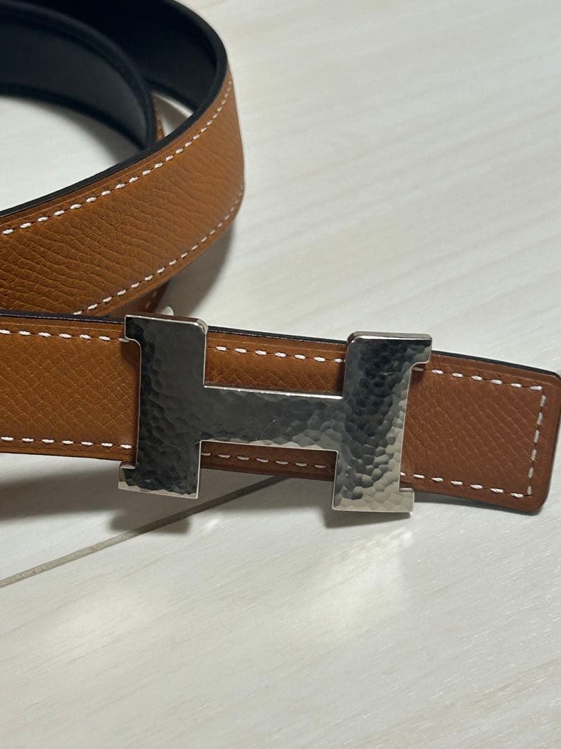 H型バックル レザーベルト 黒 茶色　エルメス　HERMES リバーシブル