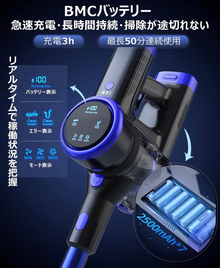 掃除機 コードレス50000Pa超強力吸引+50分連続稼働 着脱バッテリー 洗浄
