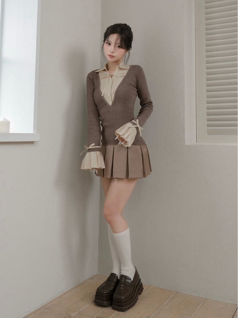 ダーリッチ シャツドッキングプリーツミニワンピース モカ　FL