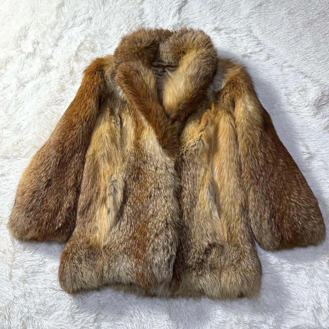 フォックス 本毛皮 ファーコート ミドル丈 レディースM 花柄刺繍