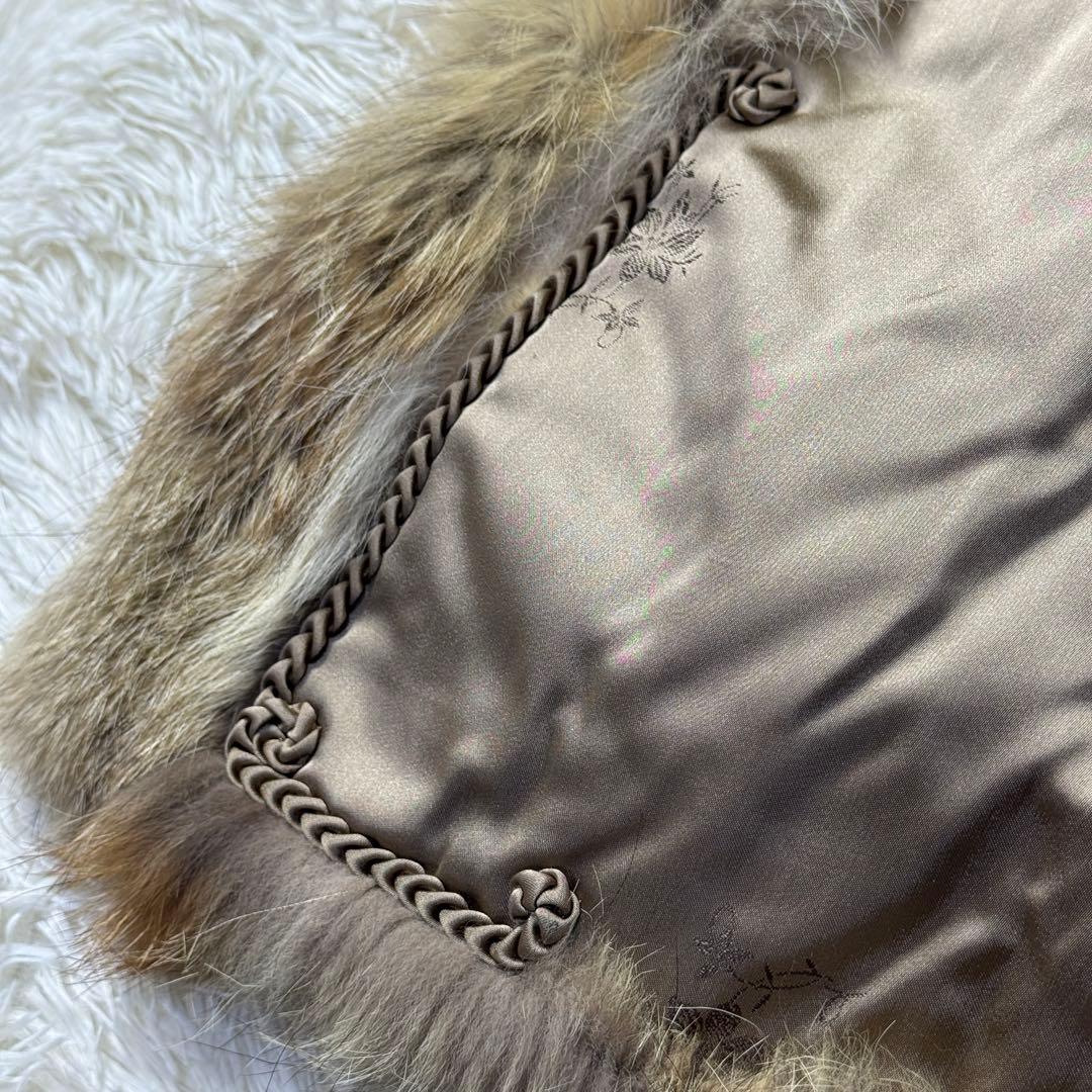 フォックス 本毛皮 ファーコート ミドル丈 レディースM 花柄刺繍