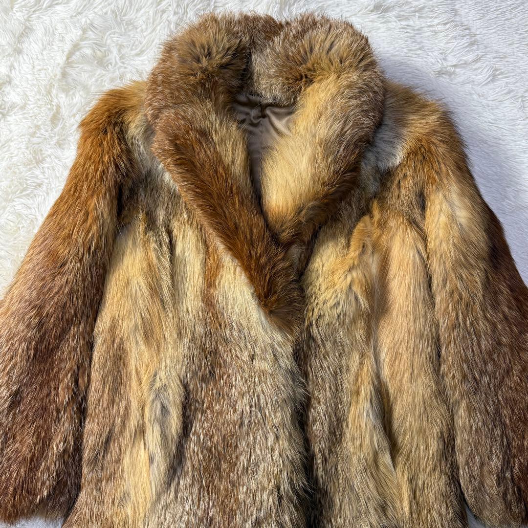 フォックス 本毛皮 ファーコート ミドル丈 レディースM 花柄刺繍