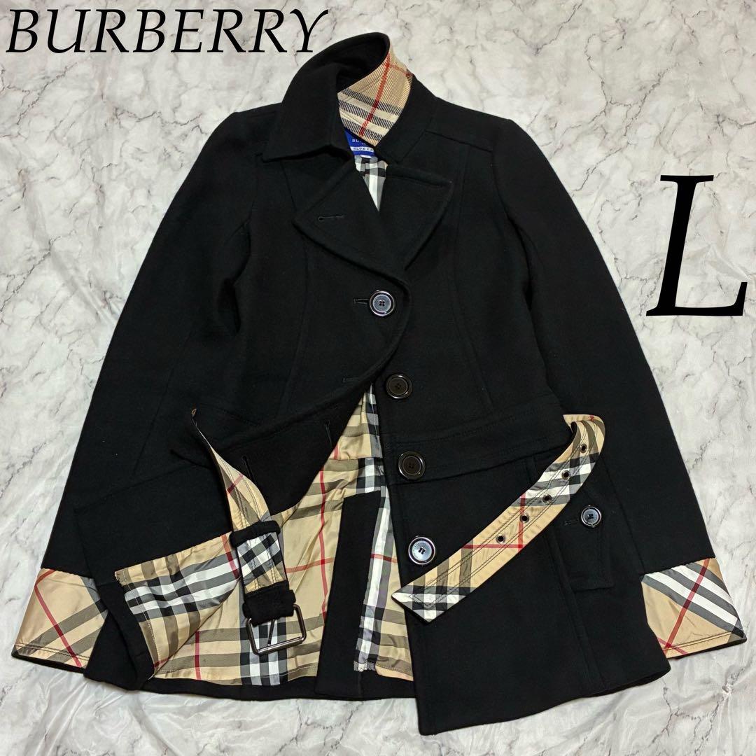 BURBERRY 美品 ノバチェック ベルト付 メルトン コート 黒 ブラック