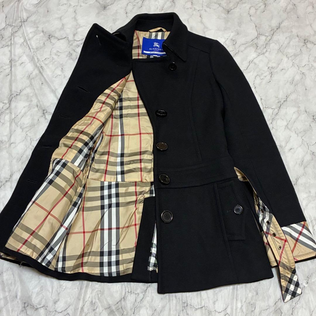 BURBERRY 美品 ノバチェック ベルト付 メルトン コート 黒 ブラック