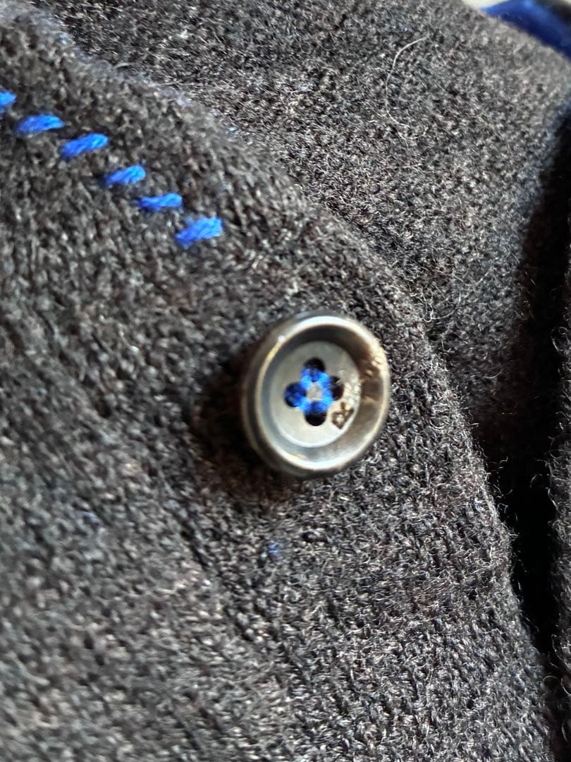 45R カシミヤ&ウールスタンドカラー カーディガン 藍ブルー エルボーパッチ