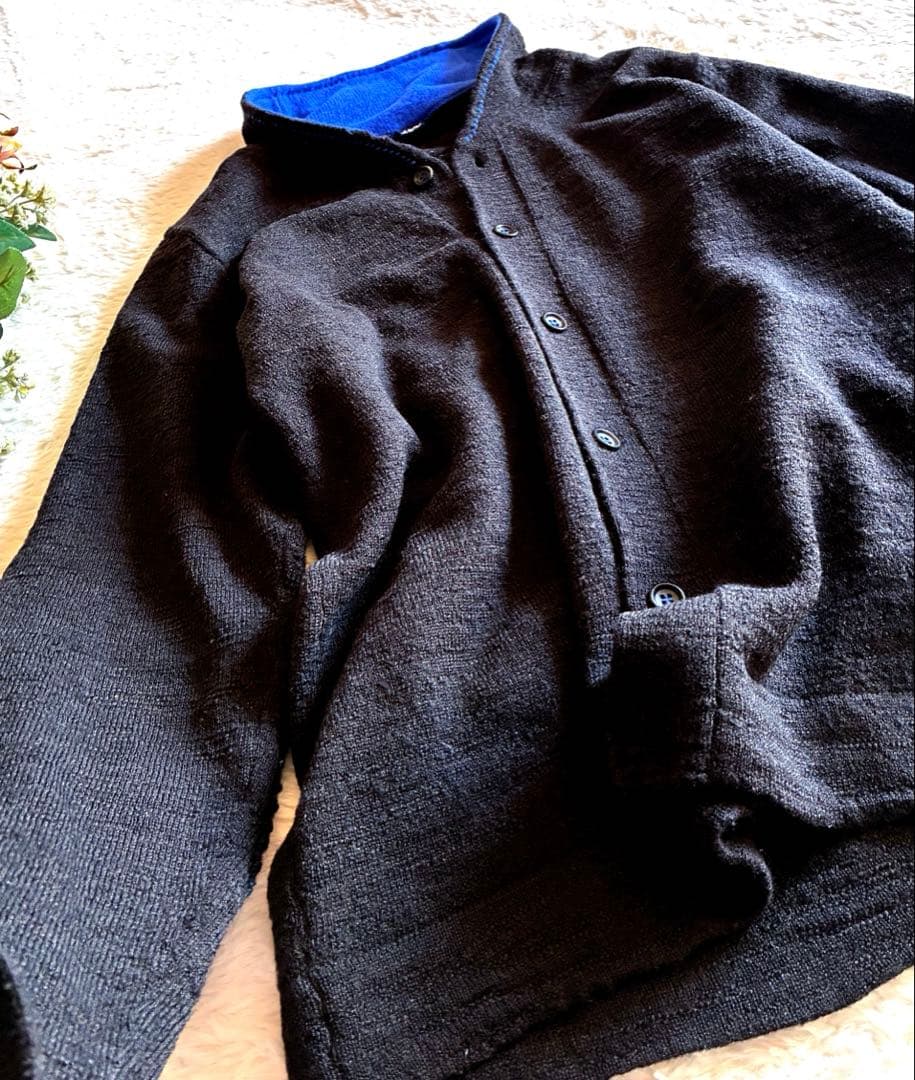 45R カシミヤ&ウールスタンドカラー カーディガン 藍ブルー エルボーパッチ