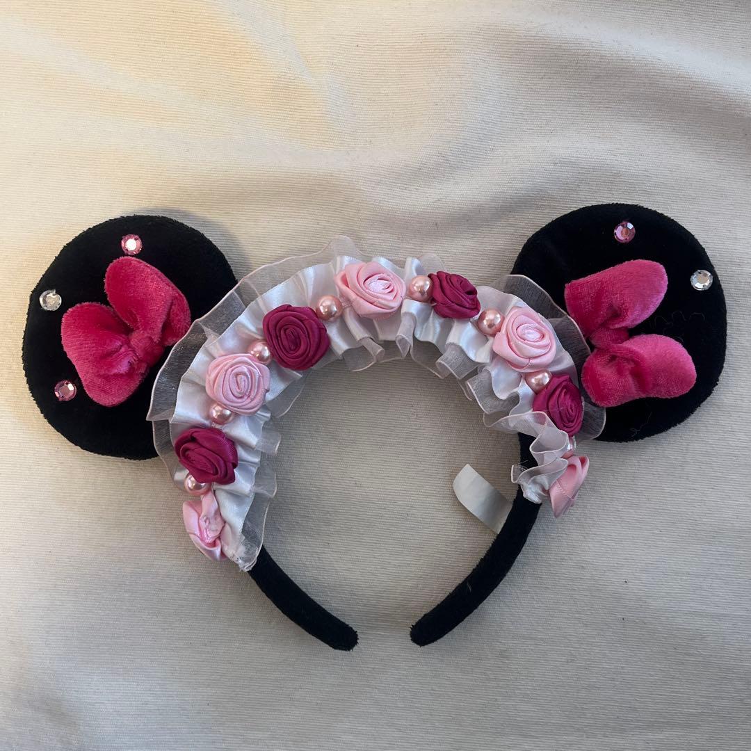 ディズニー ミニー カチューシャ 薔薇 バラ ローズ リボン ピンク