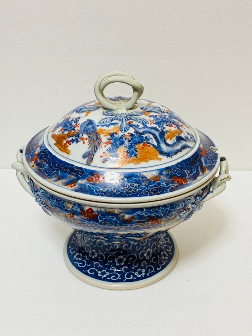 希少 明治有田焼 初代 南里嘉十 染錦上絵金彩花鳥文 スープチューリン