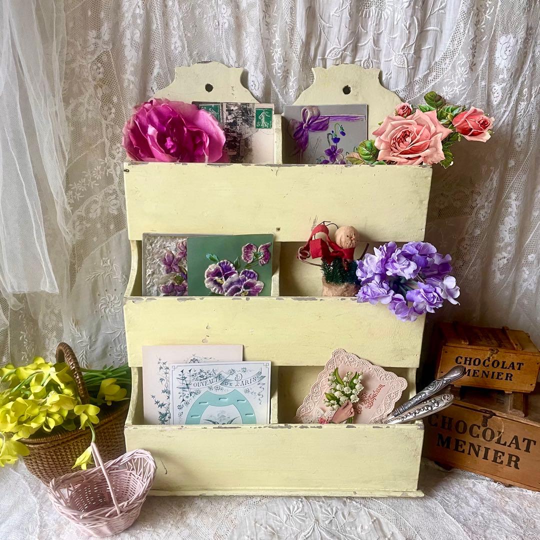 木製レターラック　ポストカードホルダー　オリジナルペイント　フランスアンティーク