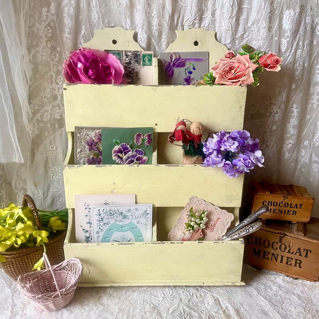 木製レターラック　ポストカードホルダー　オリジナルペイント　フランスアンティーク