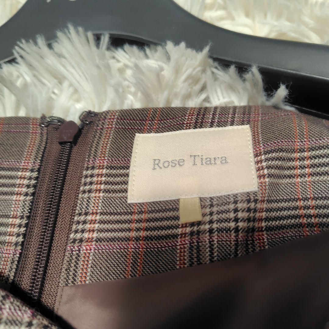 【美品♡希少46】ローズティアラ　チェック&刺繍パール　リボンフレアワンピース