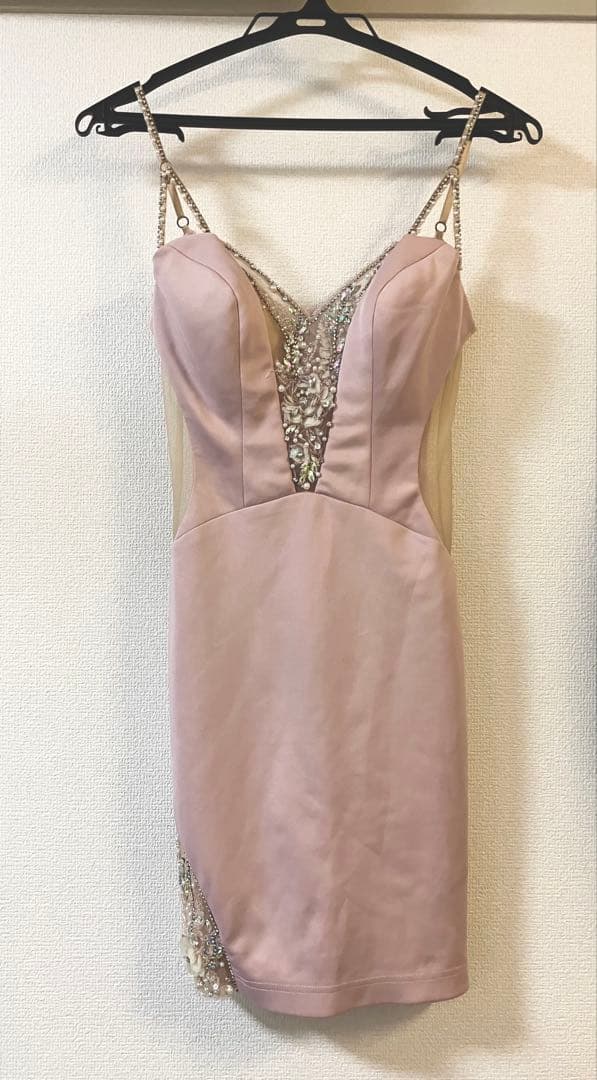 ビーズ装飾 Vネック タイトドレス ピンク