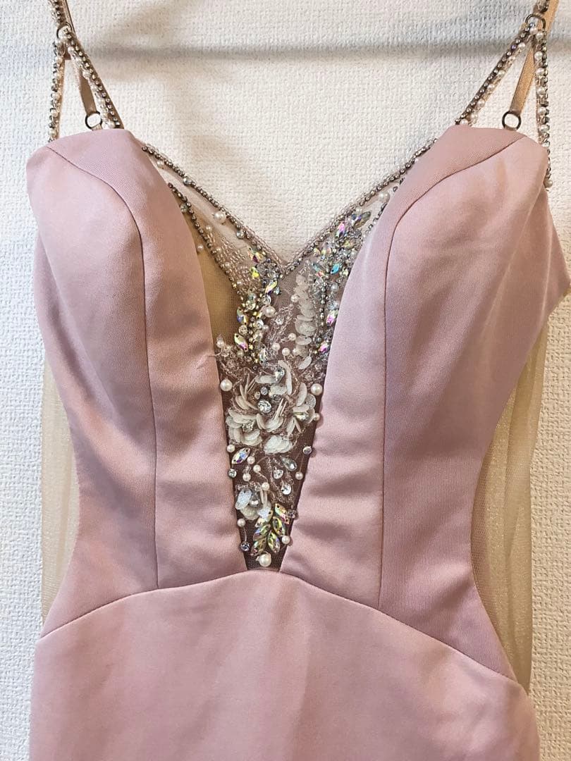 ビーズ装飾 Vネック タイトドレス ピンク