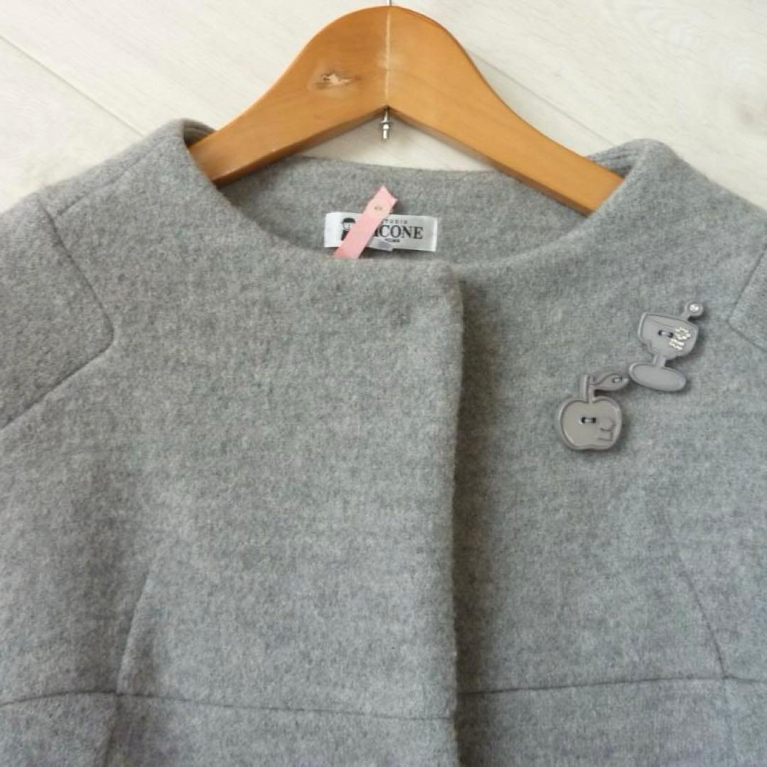 PICONE ピッコーネ ノーカラーウールコート 38 日本製 グレー 裏地総柄