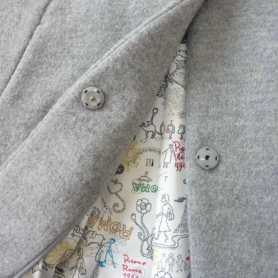 PICONE ピッコーネ ノーカラーウールコート 38 日本製 グレー 裏地総柄