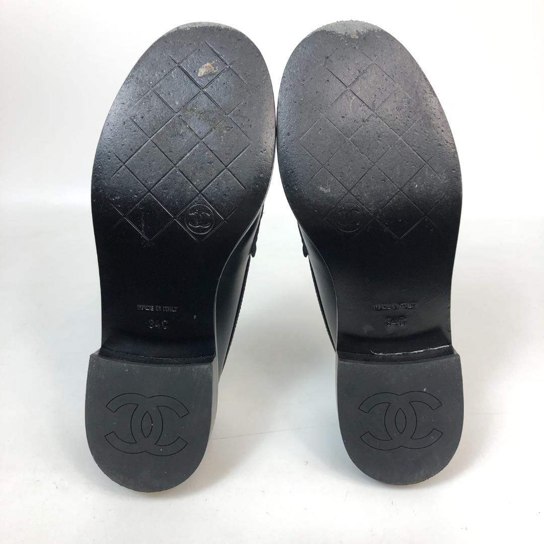 【美品】12F198 シャネル カメリア ココマーク ローファー 34C 黒 革
