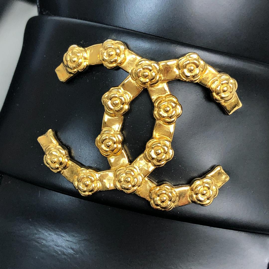 【美品】12F198 シャネル カメリア ココマーク ローファー 34C 黒 革