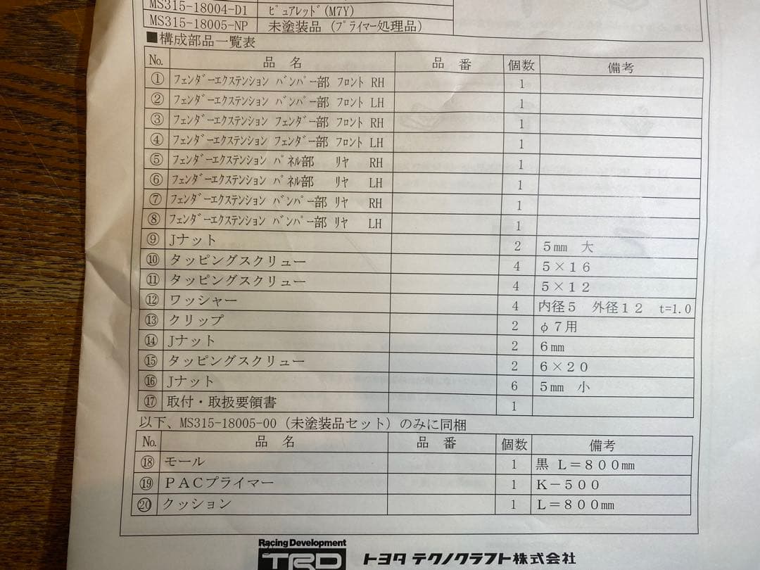 TRD フェンダーエクステンション　未塗装品　※一部欠品有り