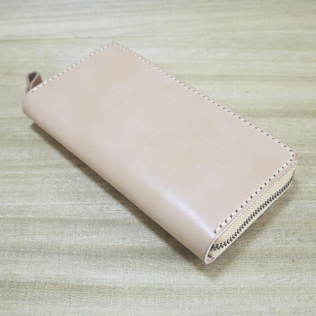 ヌメ革　栃木レザー　サドルレザー　ロングウォレット　ラウンドファスナー　生成り